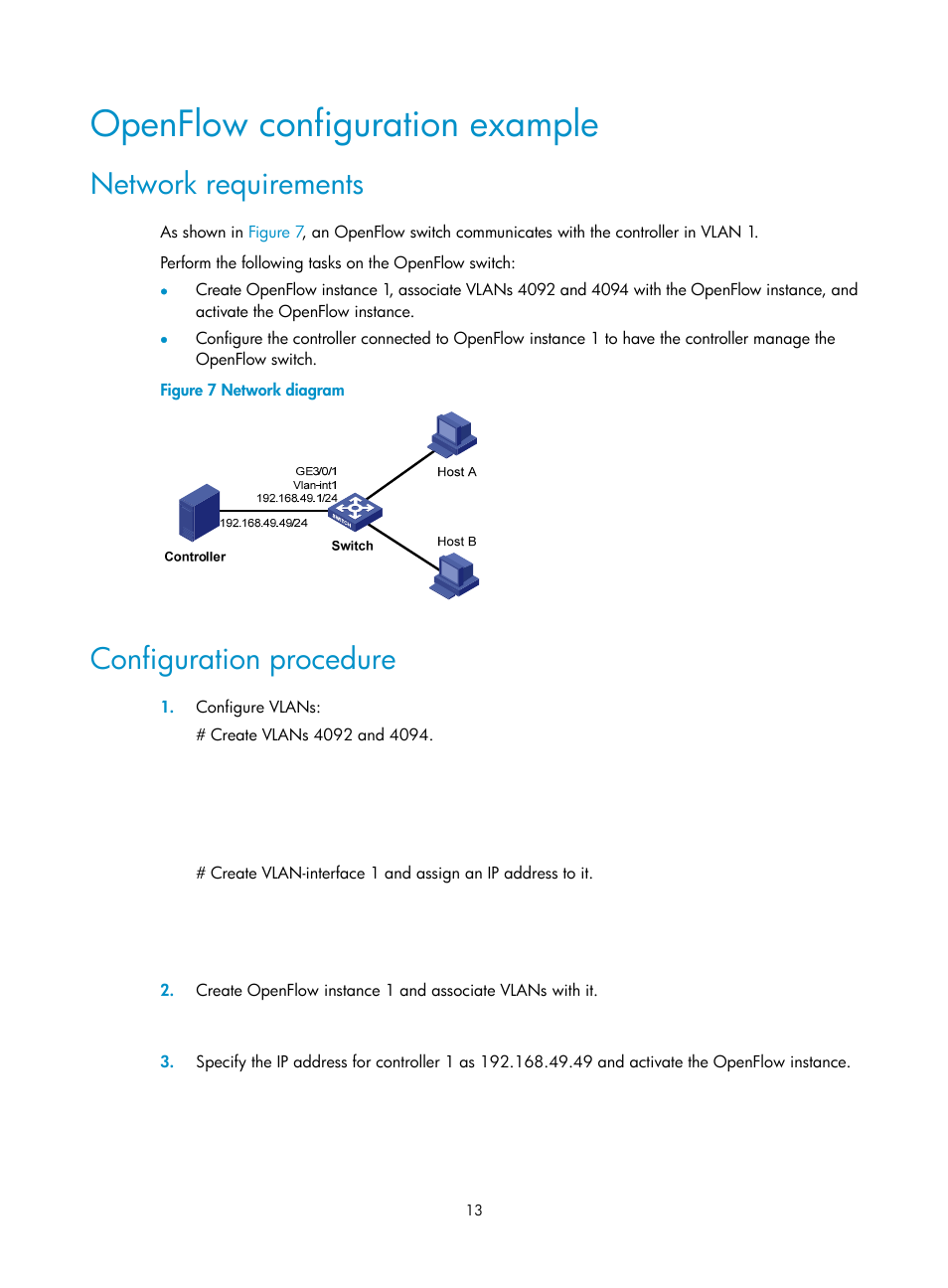 Openflow configuration example, Network requirements, Configuration procedure | H3C Technologies H3C S12500 Series Switches User Manual | Page 20 / 27