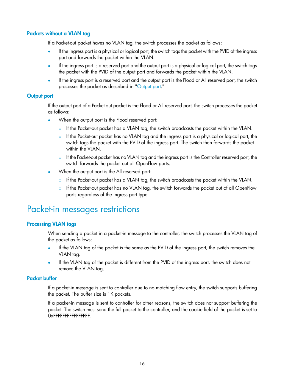 Packets without a vlan tag, Output port, Packet-in messages restrictions | Processing vlan tags, Packet buffer | H3C Technologies H3C S12500 Series Switches User Manual | Page 23 / 27