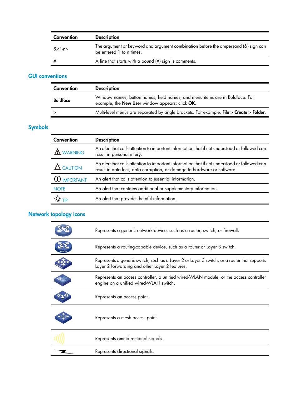 Gui conventions, Symbols, Network topology icons | H3C Technologies H3C S12500 Series Switches User Manual | Page 4 / 27