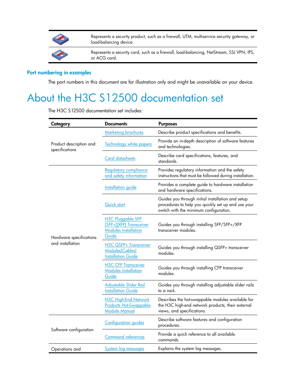 Port numbering in examples, About the h3c s12500 documentation set | H3C Technologies H3C S12500 Series Switches User Manual | Page 5 / 27