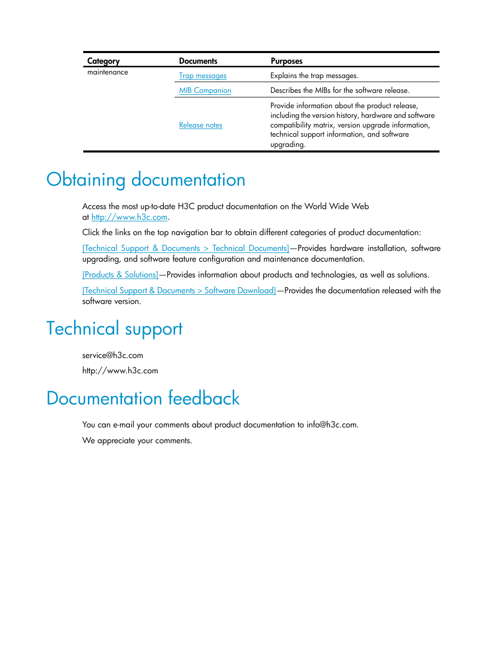 Obtaining documentation, Technical support, Documentation feedback | H3C Technologies H3C S12500 Series Switches User Manual | Page 6 / 27