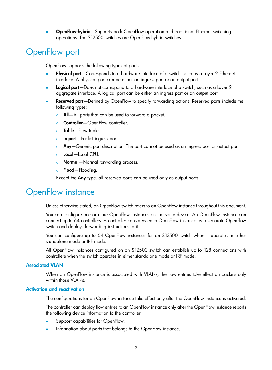 Openflow port, Openflow instance, Associated vlan | Activation and reactivation | H3C Technologies H3C S12500 Series Switches User Manual | Page 9 / 27