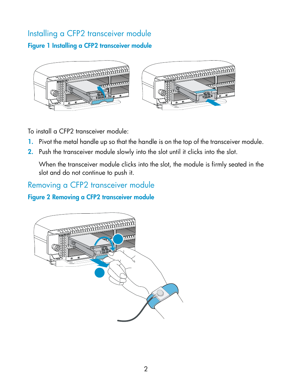 Installing a cfp2 transceiver module, Removing a cfp2 transceiver module | H3C Technologies H3C S12500-X Series Switches User Manual | Page 2 / 3