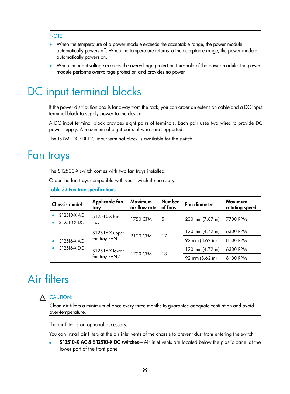 Dc input terminal blocks, Fan trays, Air filters | H3C Technologies H3C S12500-X Series Switches User Manual | Page 107 / 162