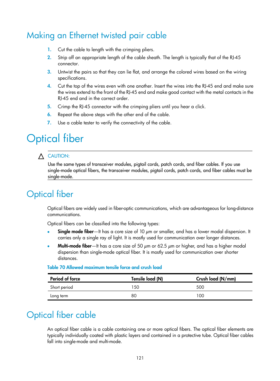 Making an ethernet twisted pair cable, Optical fiber, Optical fiber cable | H3C Technologies H3C S12500-X Series Switches User Manual | Page 129 / 162