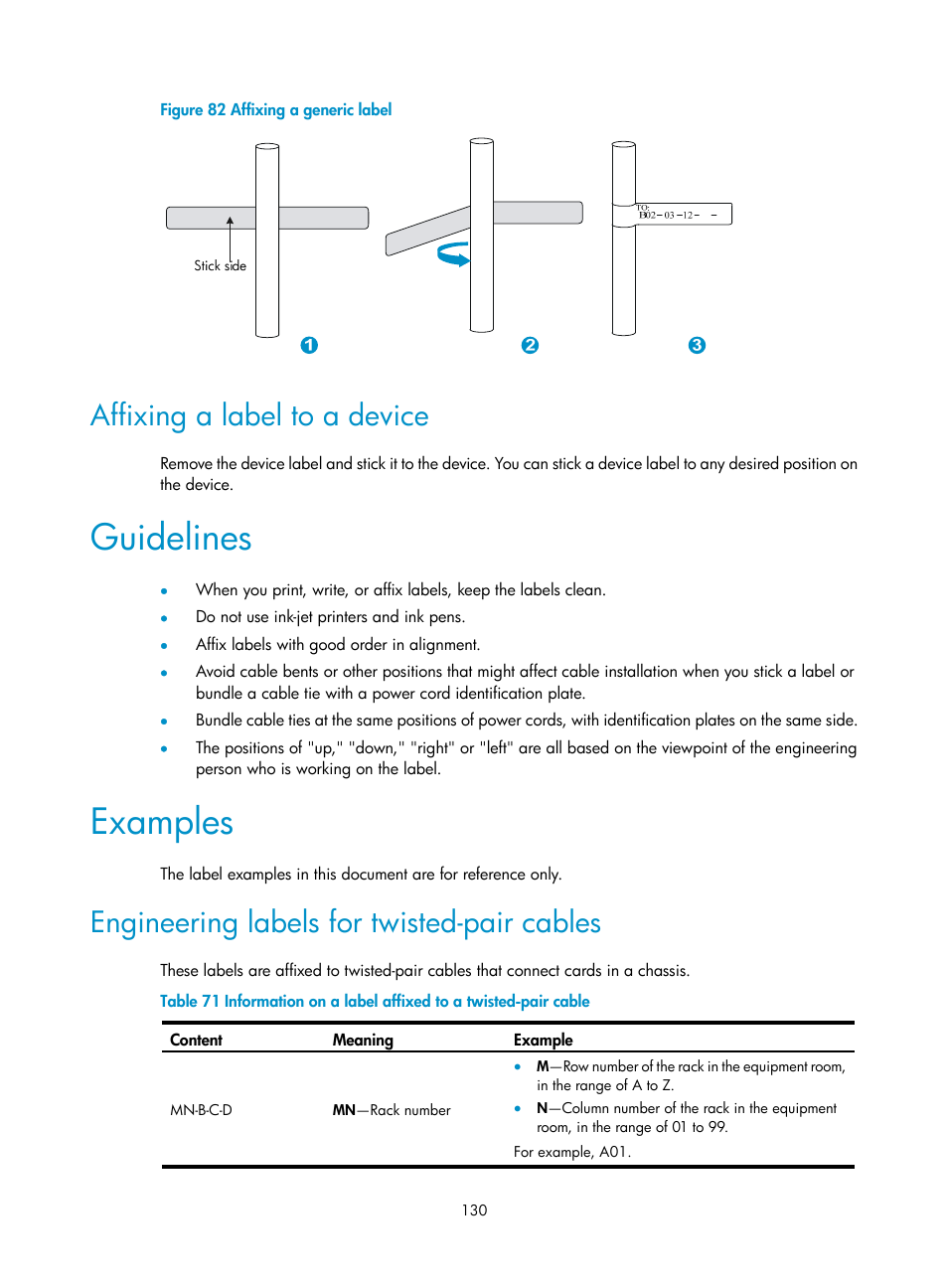 Affixing a label to a device, Guidelines, Examples | Engineering labels for twisted-pair cables, Figure | H3C Technologies H3C S12500-X Series Switches User Manual | Page 138 / 162