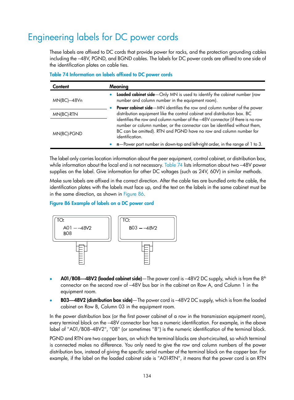 Engineering labels for dc power cords | H3C Technologies H3C S12500-X Series Switches User Manual | Page 142 / 162