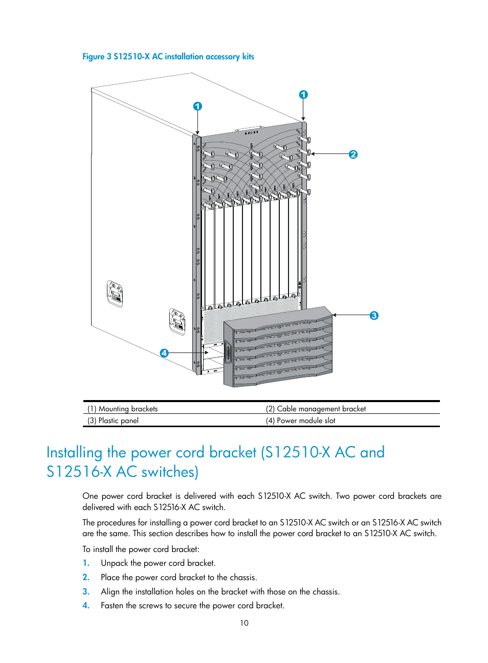 Installing the power cord bracket (s12510-x, Ac and s12516-x ac switches), And "in | Figure 3 | H3C Technologies H3C S12500-X Series Switches User Manual | Page 18 / 162