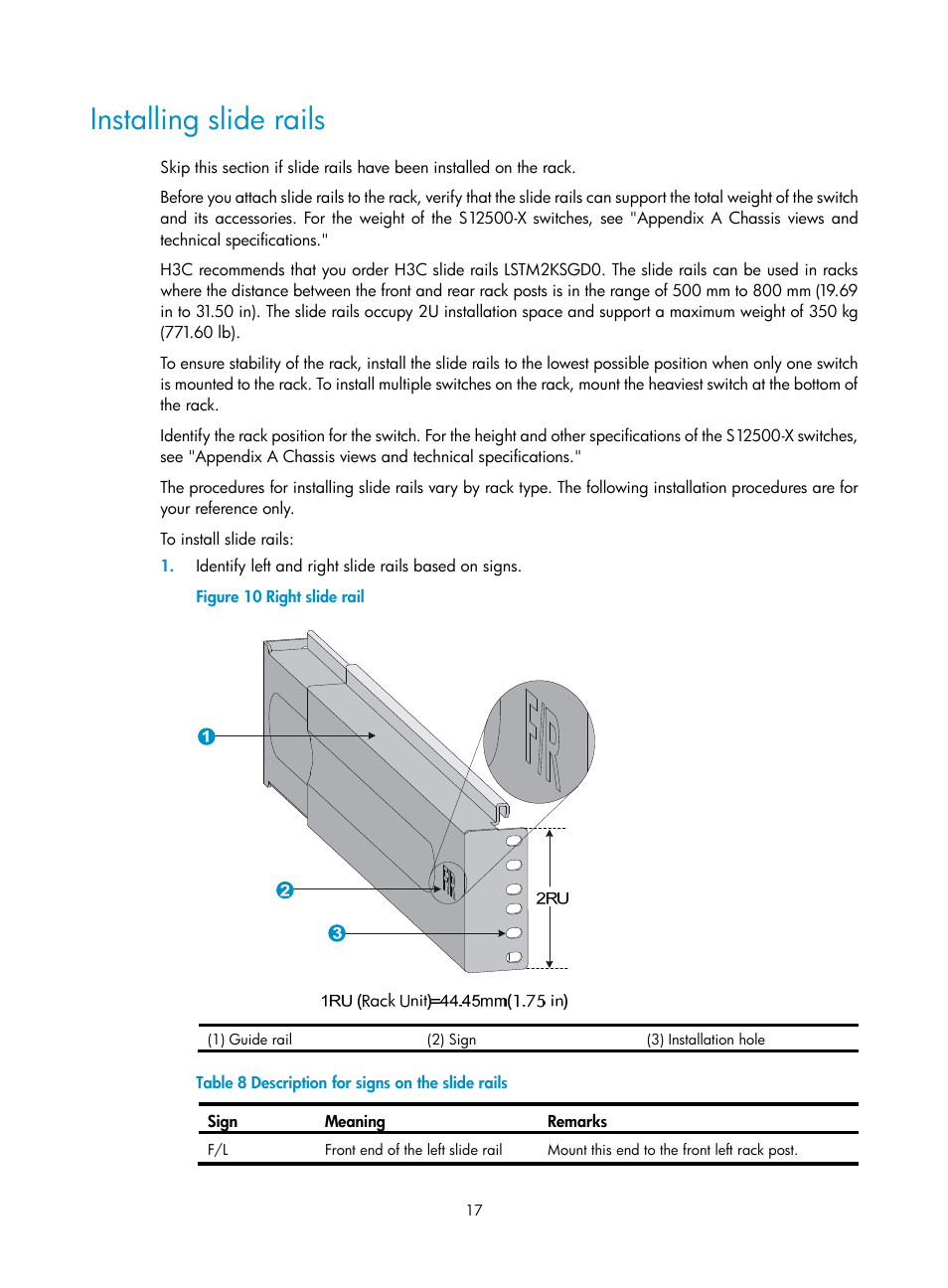 Installing slide rails | H3C Technologies H3C S12500-X Series Switches User Manual | Page 25 / 162