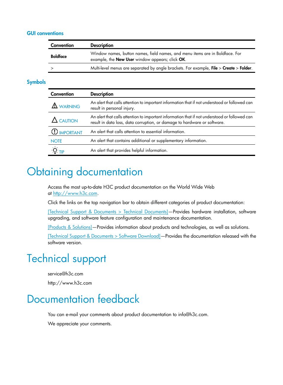 Gui conventions, Symbols, Obtaining documentation | Technical support, Documentation feedback | H3C Technologies H3C S12500-X Series Switches User Manual | Page 4 / 162