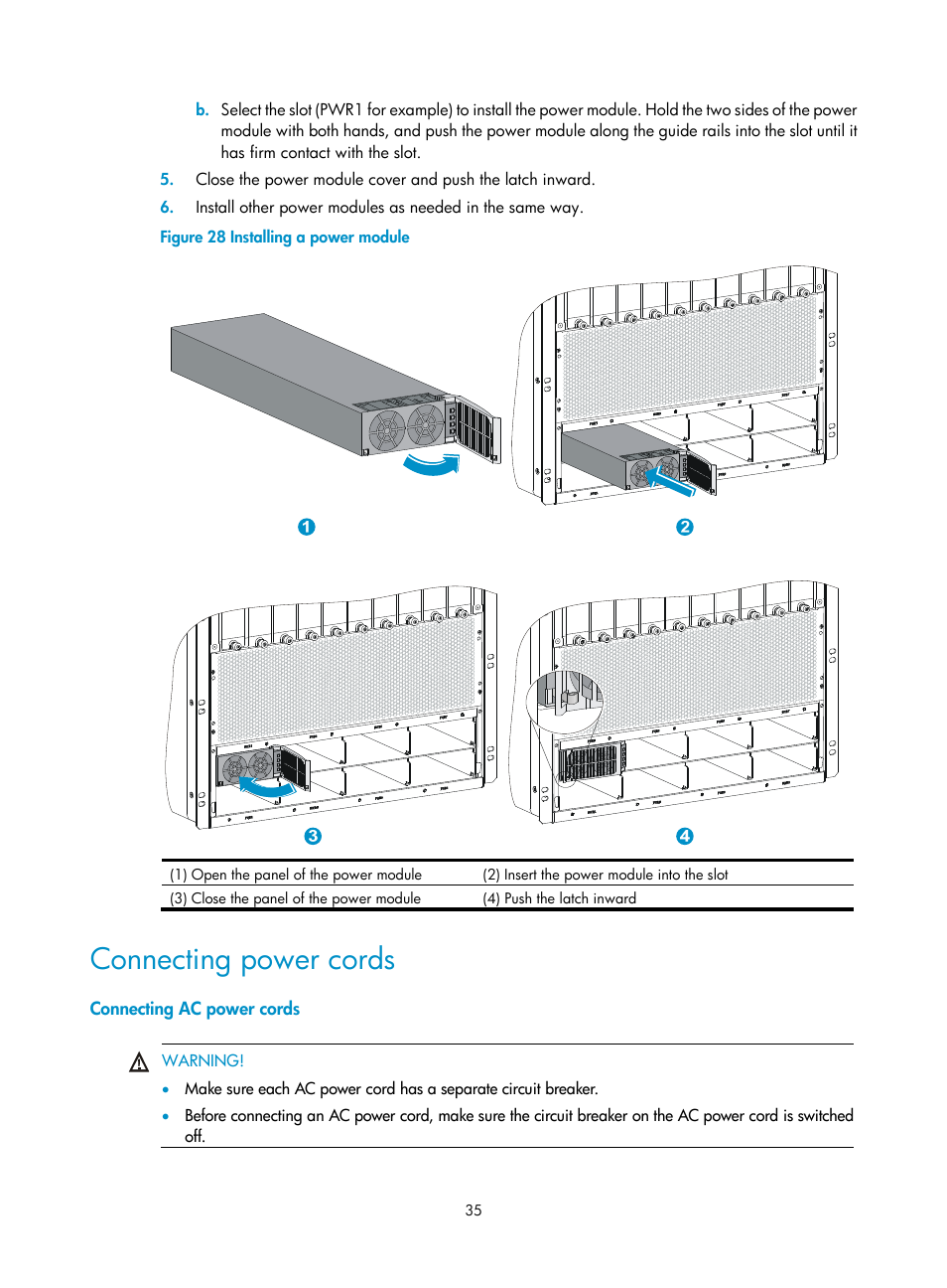 Connecting power cords, Connecting ac power cords, Figure 28 | H3C Technologies H3C S12500-X Series Switches User Manual | Page 43 / 162