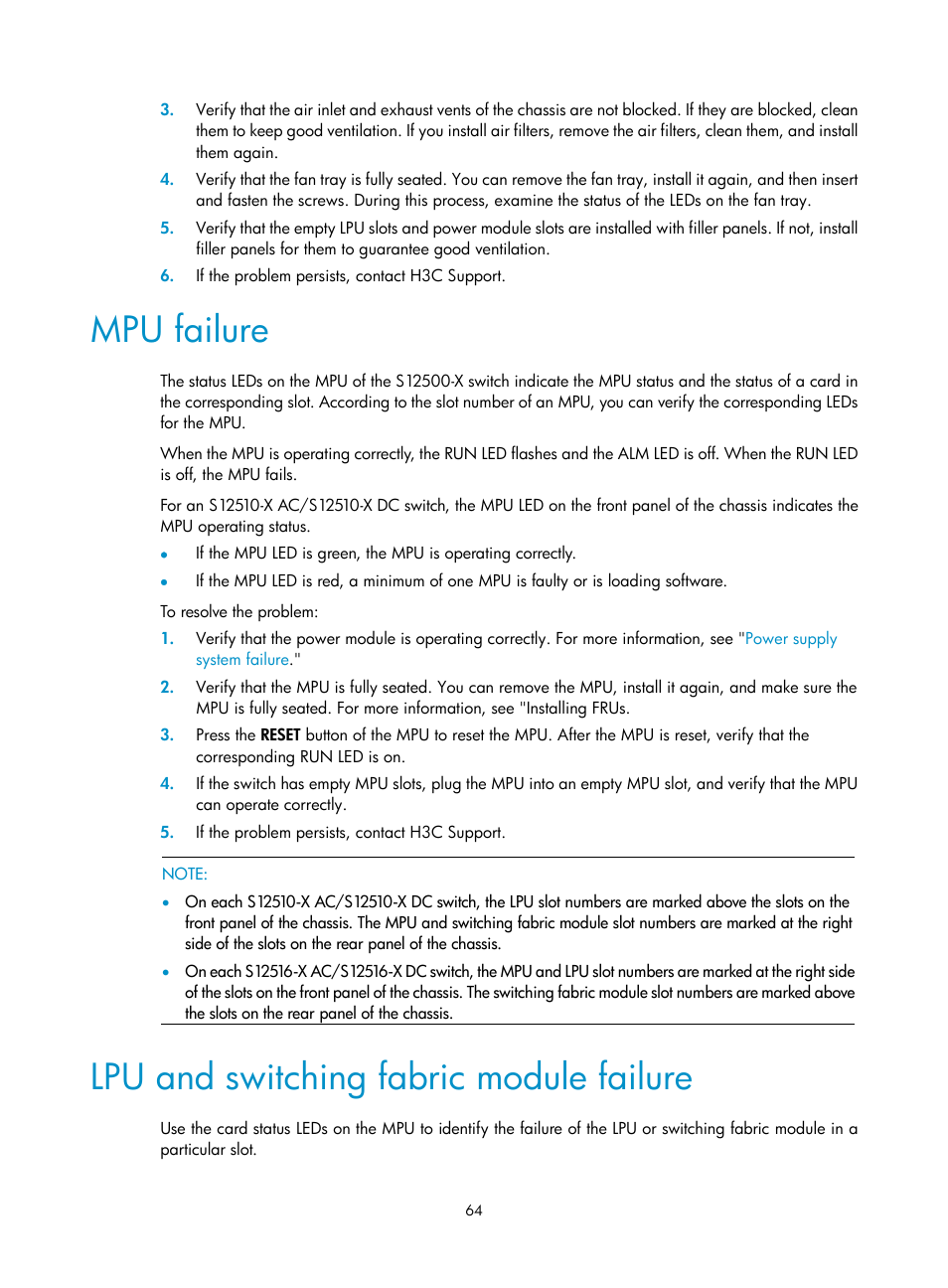 Mpu failure, Lpu and switching fabric module failure | H3C Technologies H3C S12500-X Series Switches User Manual | Page 72 / 162