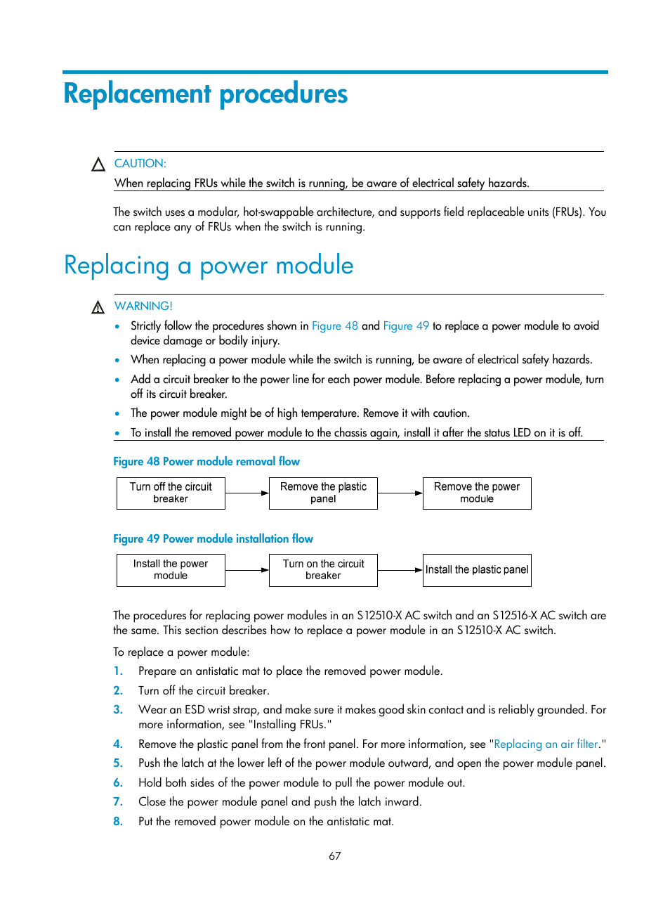 Replacement procedures, Replacing a power module | H3C Technologies H3C S12500-X Series Switches User Manual | Page 75 / 162