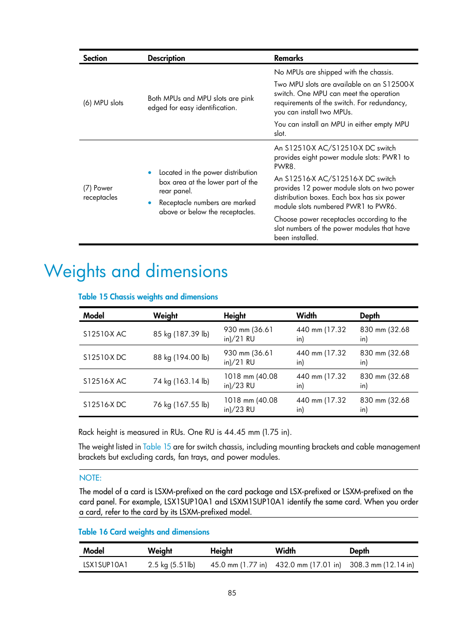 Weights and dimensions | H3C Technologies H3C S12500-X Series Switches User Manual | Page 93 / 162