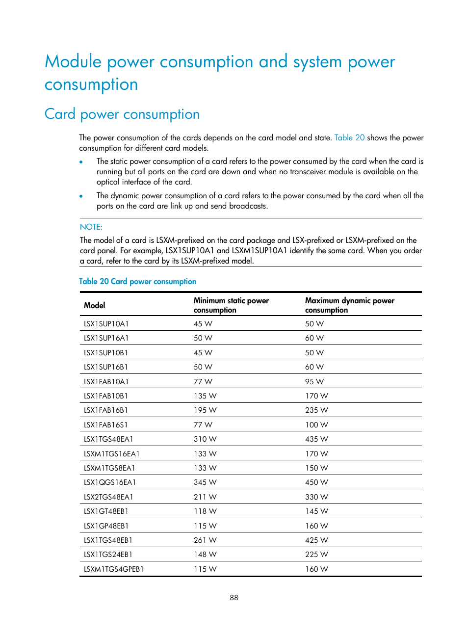 Card power consumption | H3C Technologies H3C S12500-X Series Switches User Manual | Page 96 / 162