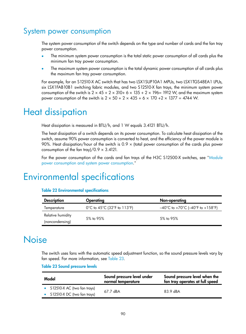 System power consumption, Heat dissipation, Environmental specifications | Noise | H3C Technologies H3C S12500-X Series Switches User Manual | Page 98 / 162