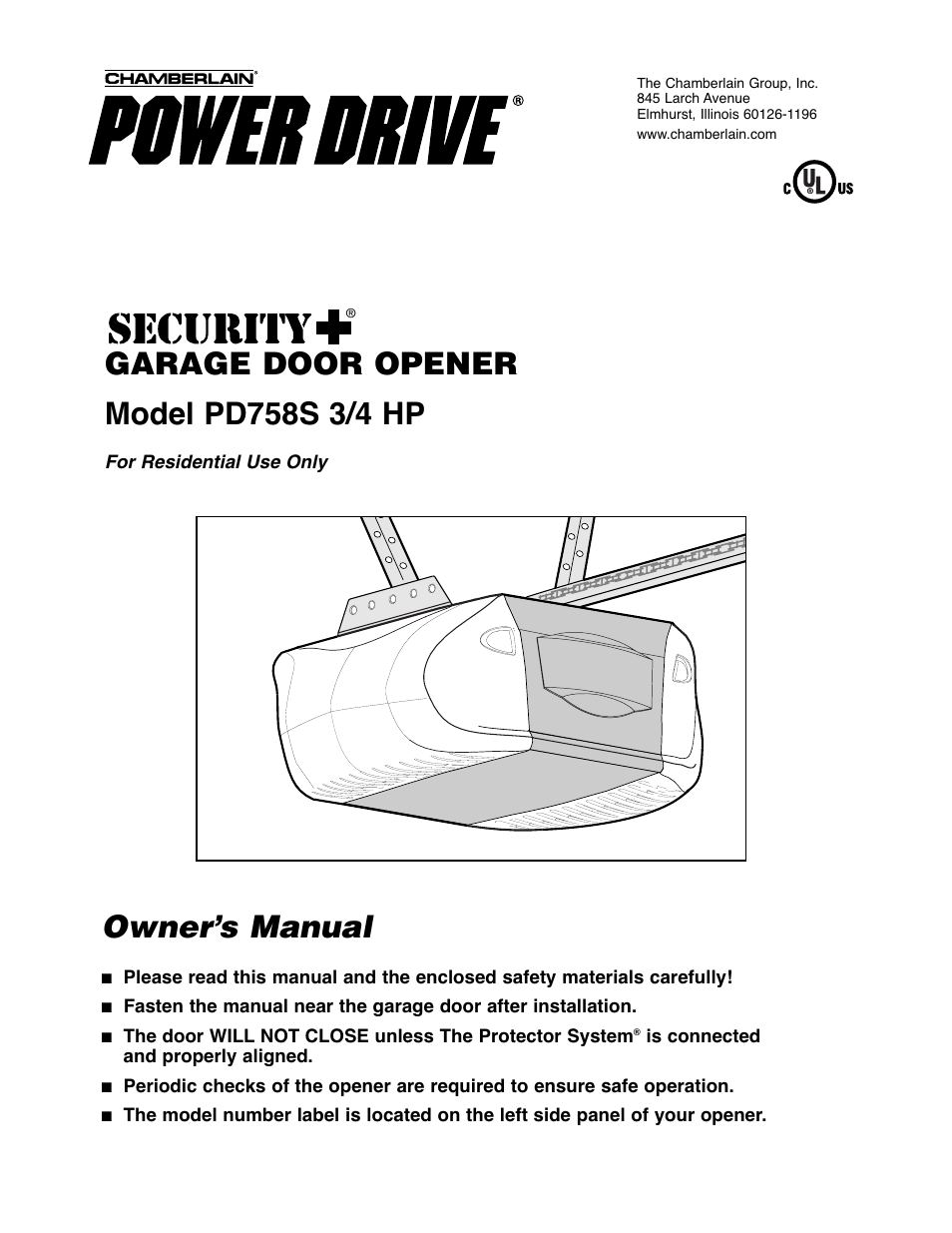 Chamberlain POWERDRIVE PD758S 3/4 HP User Manual | 40 pages
