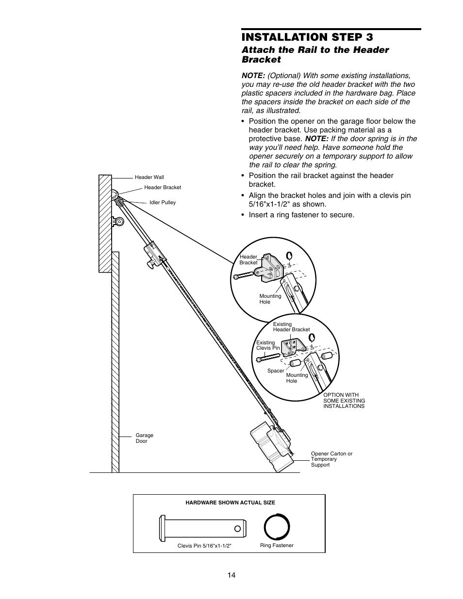 Installation step 3, Attach the rail to the header bracket | Chamberlain POWERDRIVE PD758S 3/4 HP User Manual | Page 14 / 40