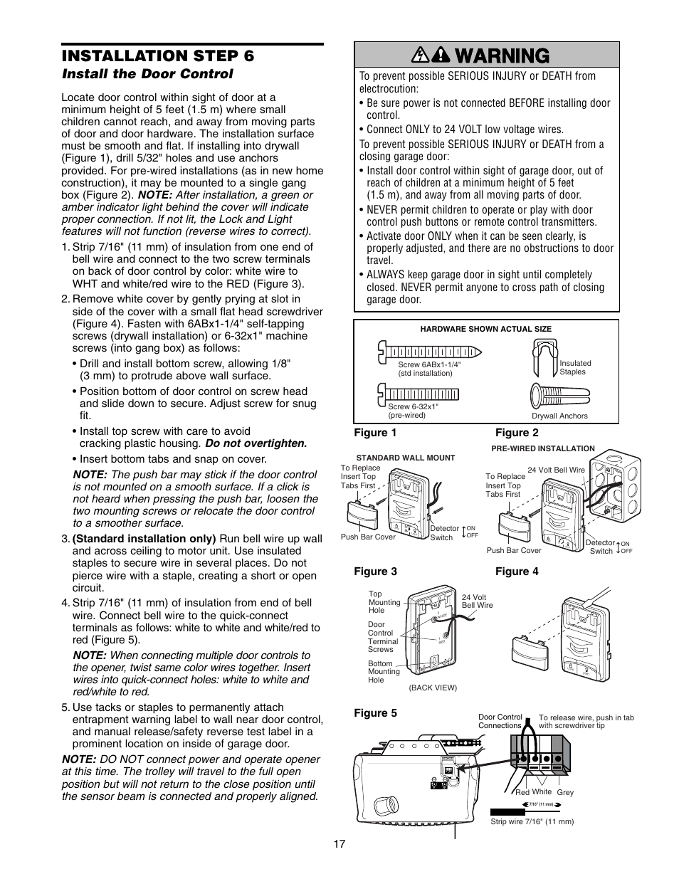 Installation step 6 install the door control, Warning caution warning warning, Installation step 6 | Install the door control | Chamberlain POWERDRIVE PD758S 3/4 HP User Manual | Page 17 / 40