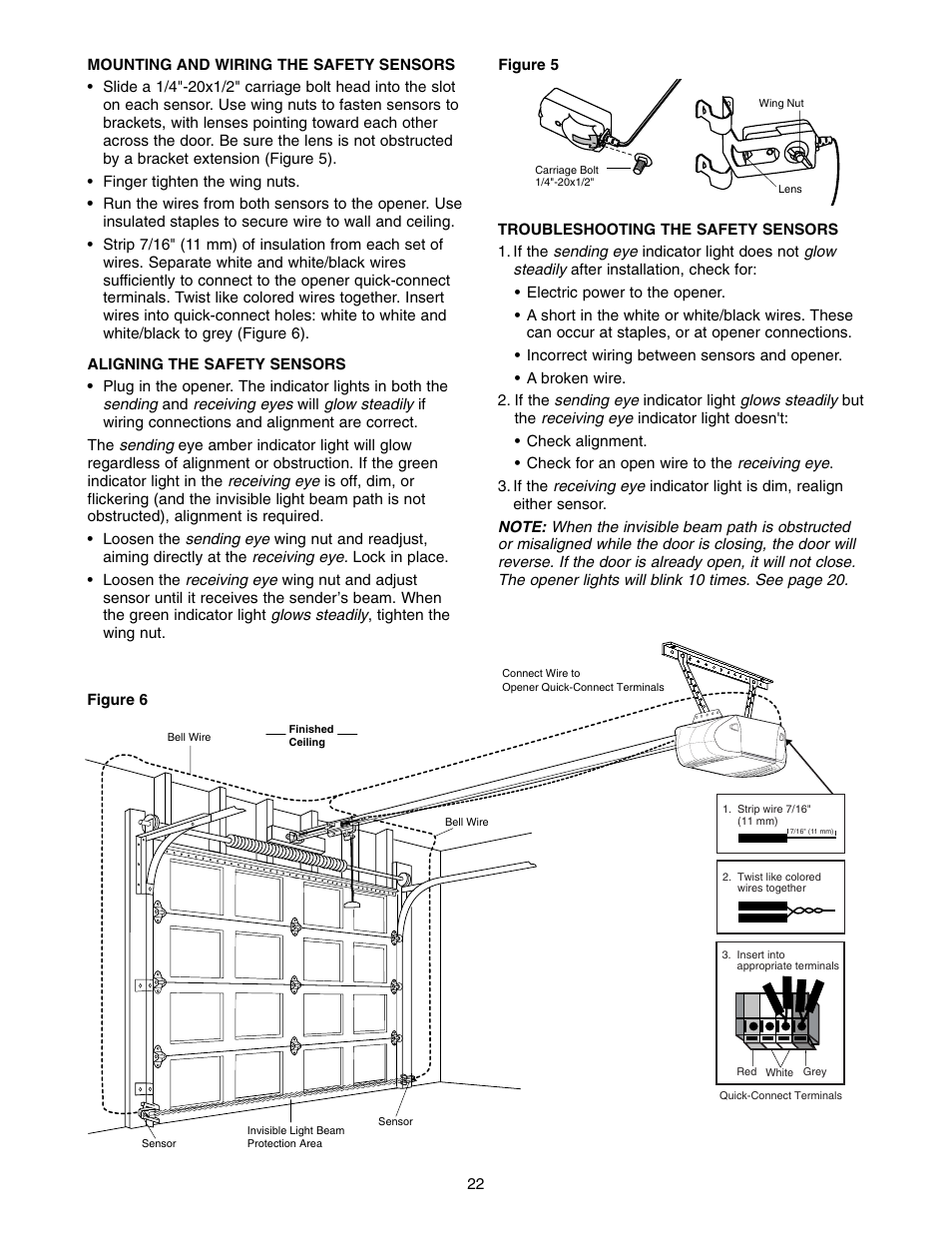 Mounting and wiring the safety sensors | Chamberlain POWERDRIVE PD758S 3/4 HP User Manual | Page 22 / 40