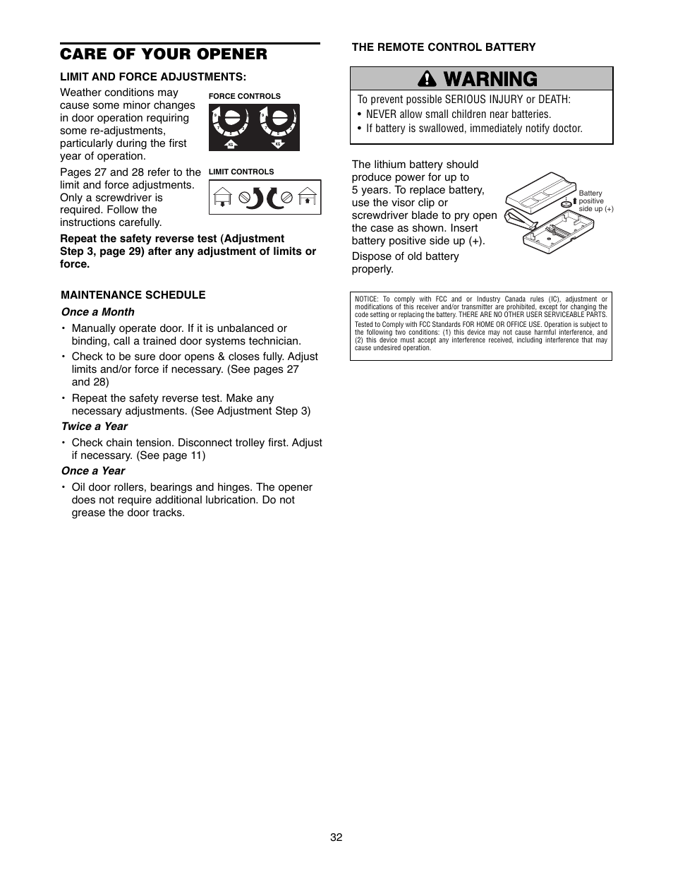 Care of your opener, Warning caution warning warning | Chamberlain POWERDRIVE PD758S 3/4 HP User Manual | Page 32 / 40