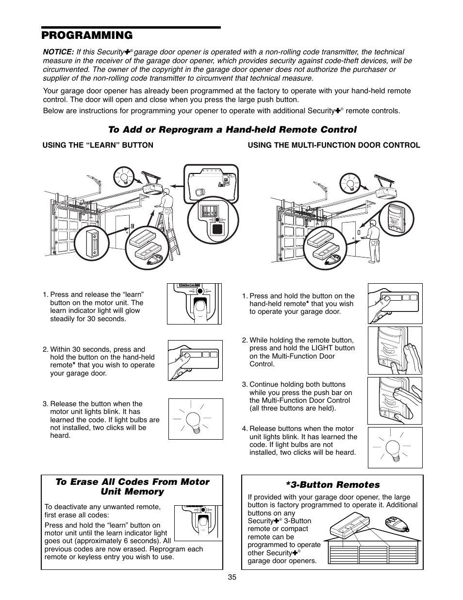 Programming, To add an additional hand-held remote control, Button remotes | Chamberlain POWERDRIVE PD758S 3/4 HP User Manual | Page 35 / 40