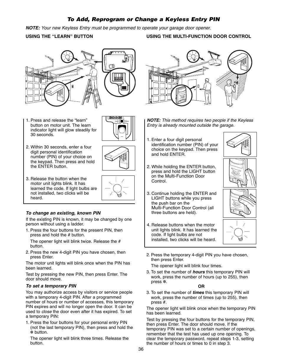 To add or change a keyless entry pin | Chamberlain POWERDRIVE PD758S 3/4 HP User Manual | Page 36 / 40