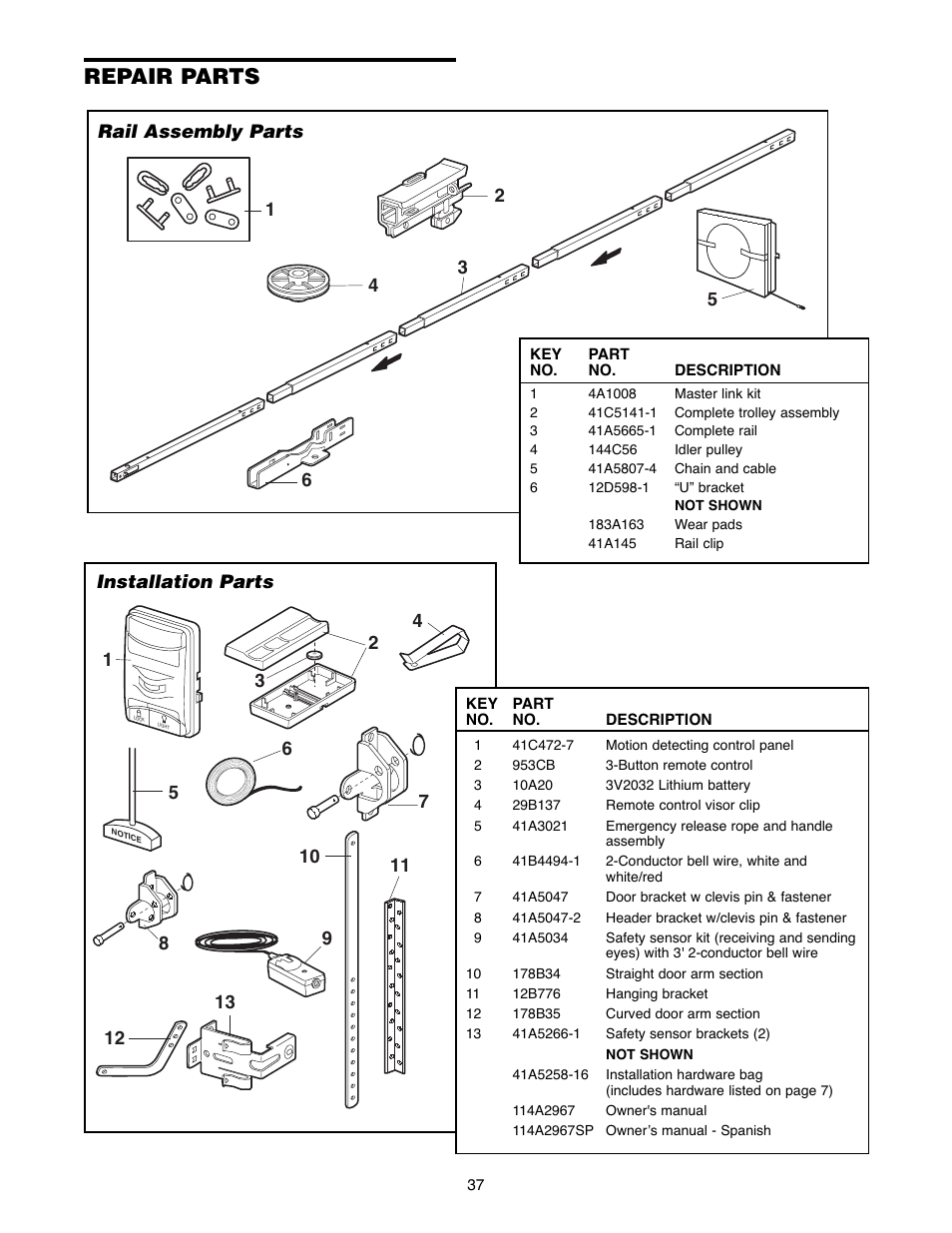 Repair parts, Rail assembly parts, Installation parts | Chamberlain POWERDRIVE PD758S 3/4 HP User Manual | Page 37 / 40