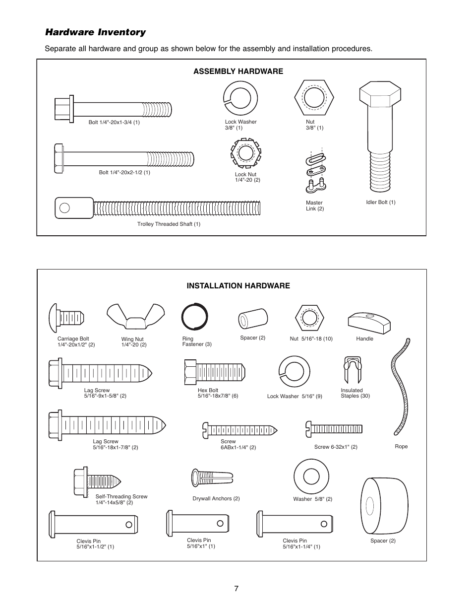 Hardware inventory | Chamberlain POWERDRIVE PD758S 3/4 HP User Manual | Page 7 / 40