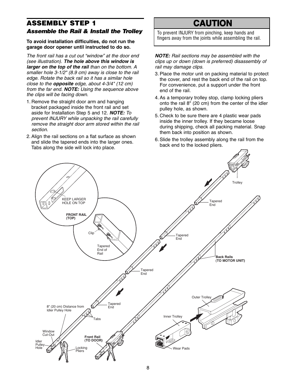 Assembly, Warning caution warning warning, Assembly step 1 | Assemble the rail & install the trolley | Chamberlain POWERDRIVE PD758S 3/4 HP User Manual | Page 8 / 40