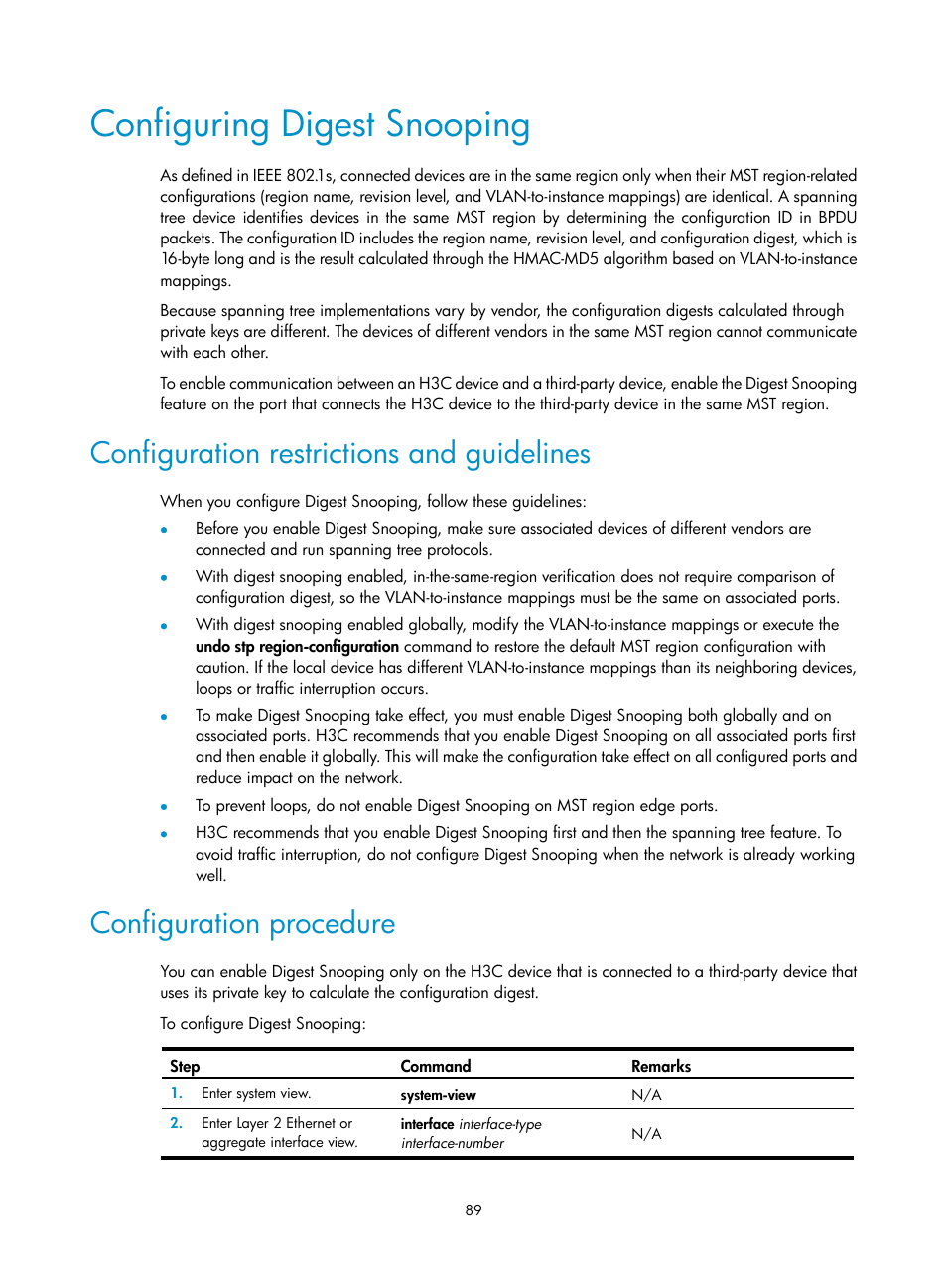 Configuring digest snooping, Configuration restrictions and guidelines, Configuration procedure | H3C Technologies H3C S12500-X Series Switches User Manual | Page 100 / 216