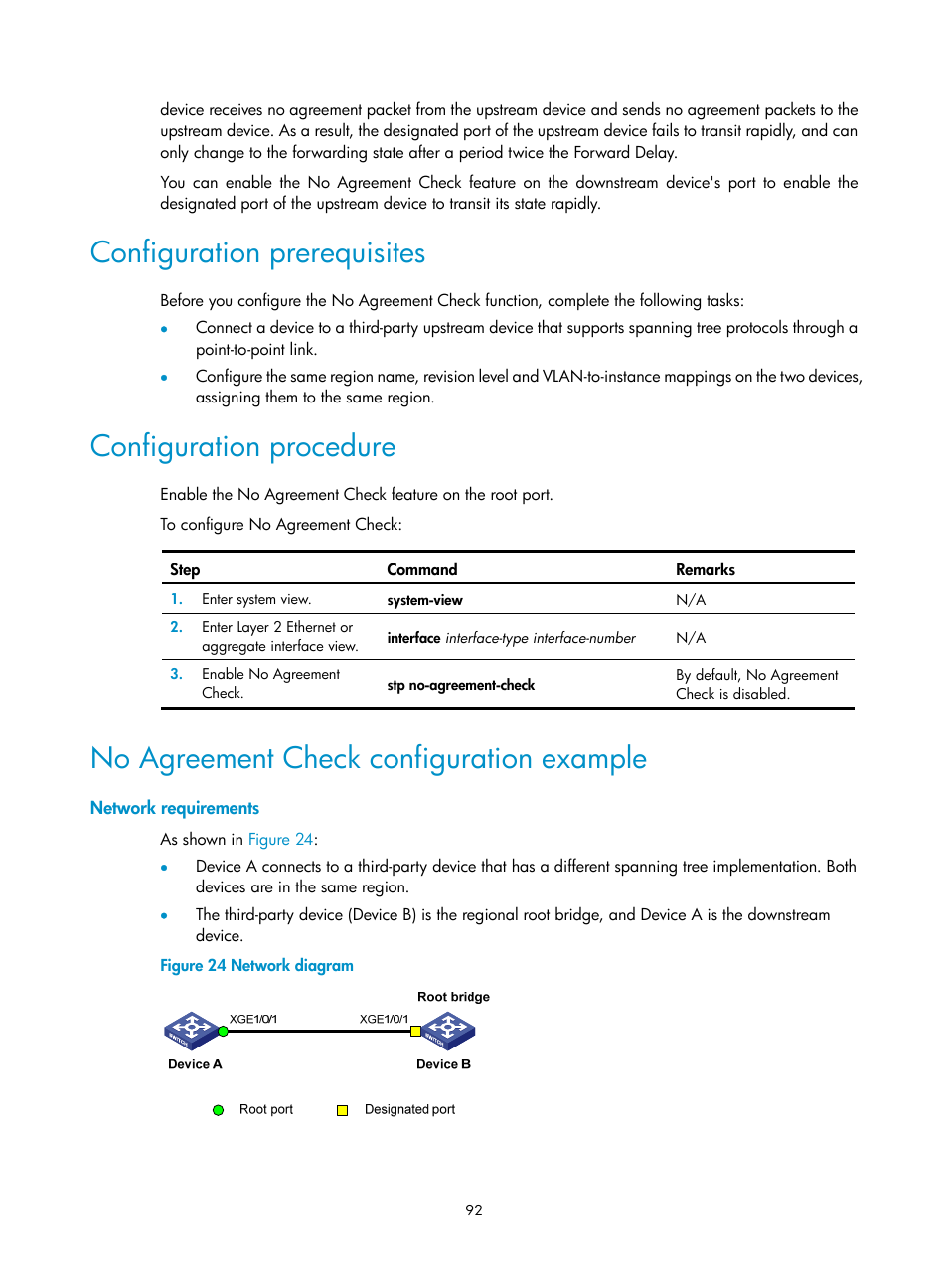 Configuration prerequisites, Configuration procedure, No agreement check configuration example | Network requirements | H3C Technologies H3C S12500-X Series Switches User Manual | Page 103 / 216