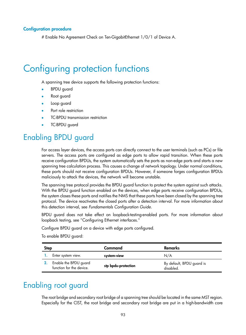 Configuration procedure, Configuring protection functions, Enabling bpdu guard | Enabling root guard | H3C Technologies H3C S12500-X Series Switches User Manual | Page 104 / 216