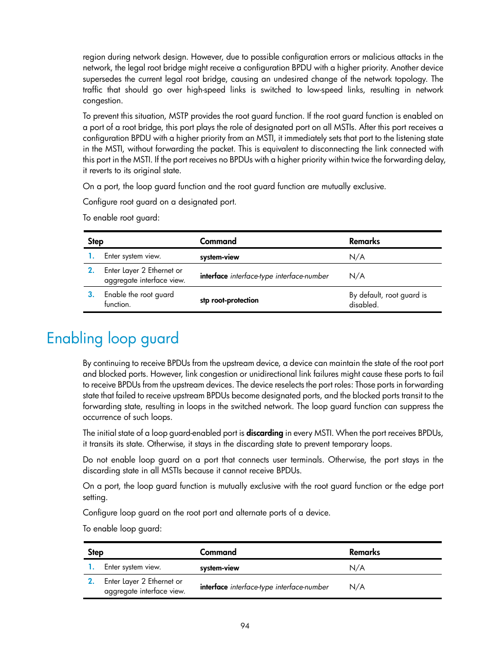 Enabling loop guard, Rstp, Mstp | Mstp features | H3C Technologies H3C S12500-X Series Switches User Manual | Page 105 / 216