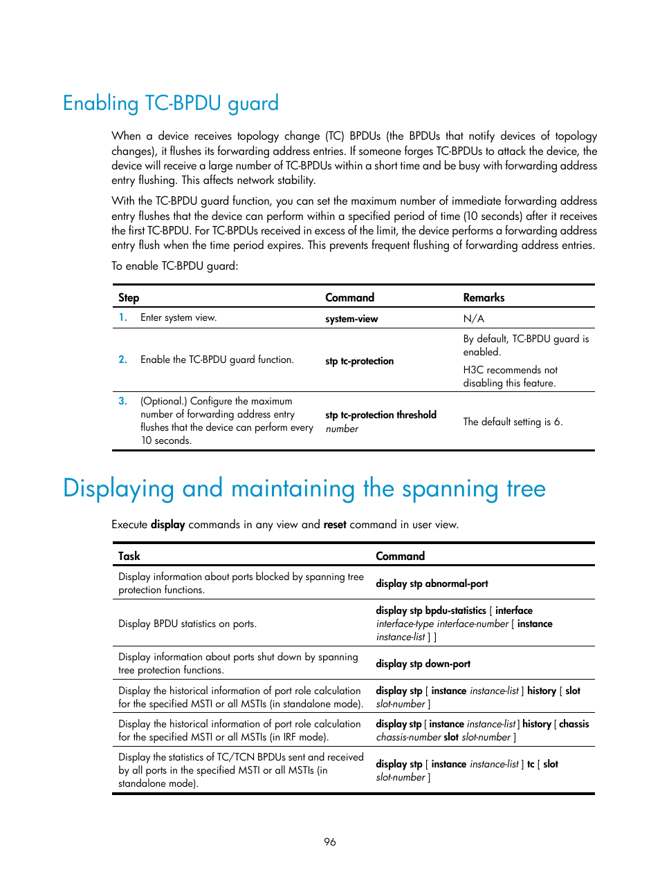 Enabling tc-bpdu guard, Displaying and maintaining the spanning tree | H3C Technologies H3C S12500-X Series Switches User Manual | Page 107 / 216