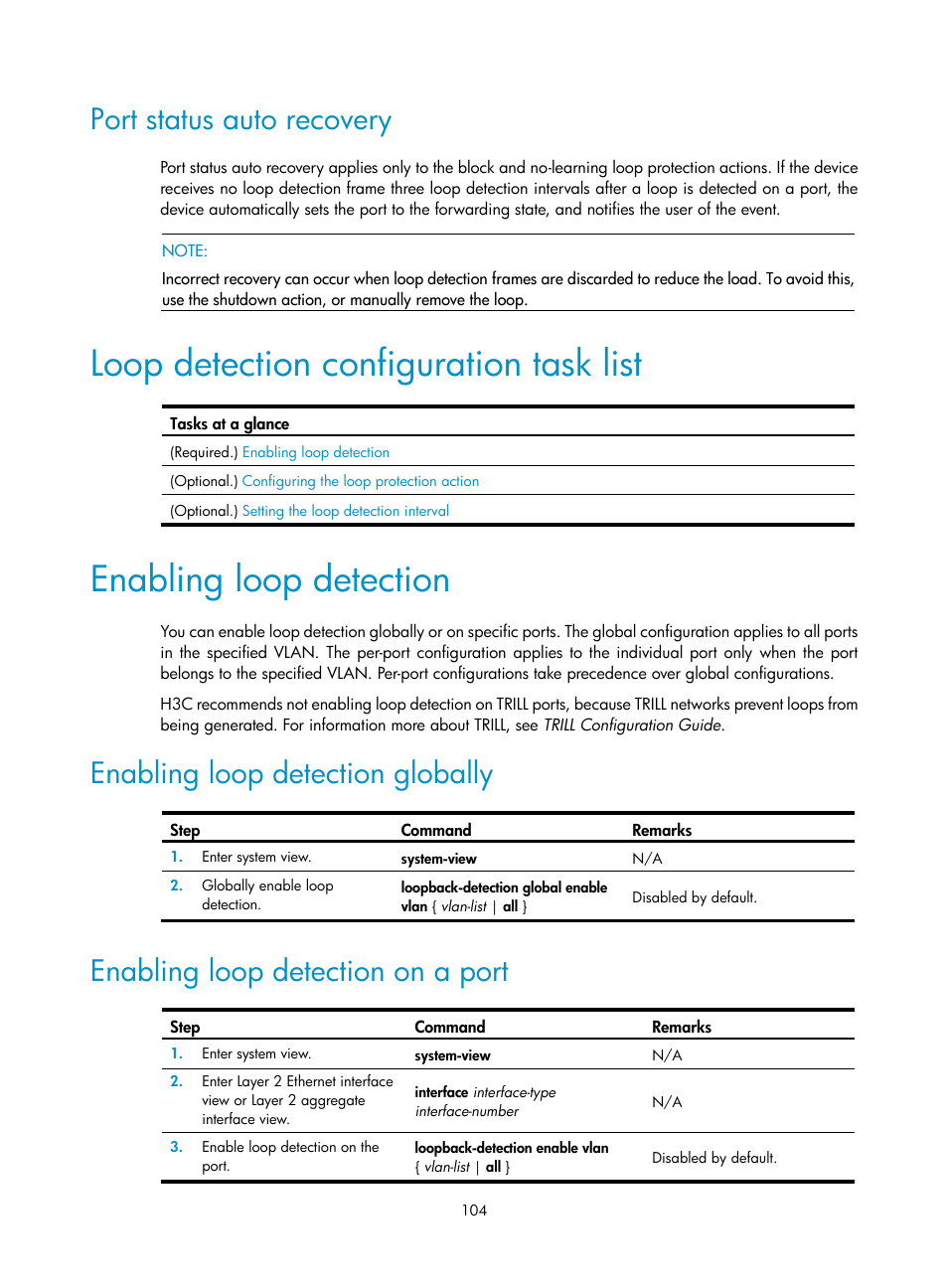 Port status auto recovery, Loop detection configuration task list, Enabling loop detection | Enabling loop detection globally, Enabling loop detection on a port, Setting the spanning tree mode | H3C Technologies H3C S12500-X Series Switches User Manual | Page 115 / 216