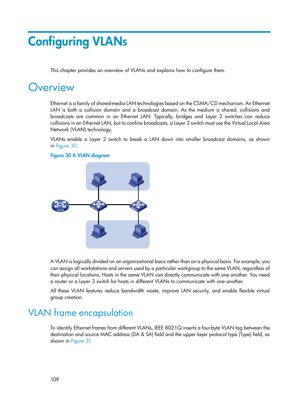 Configuring vlans, Overview, Vlan frame encapsulation | Configuring the device priority | H3C Technologies H3C S12500-X Series Switches User Manual | Page 120 / 216