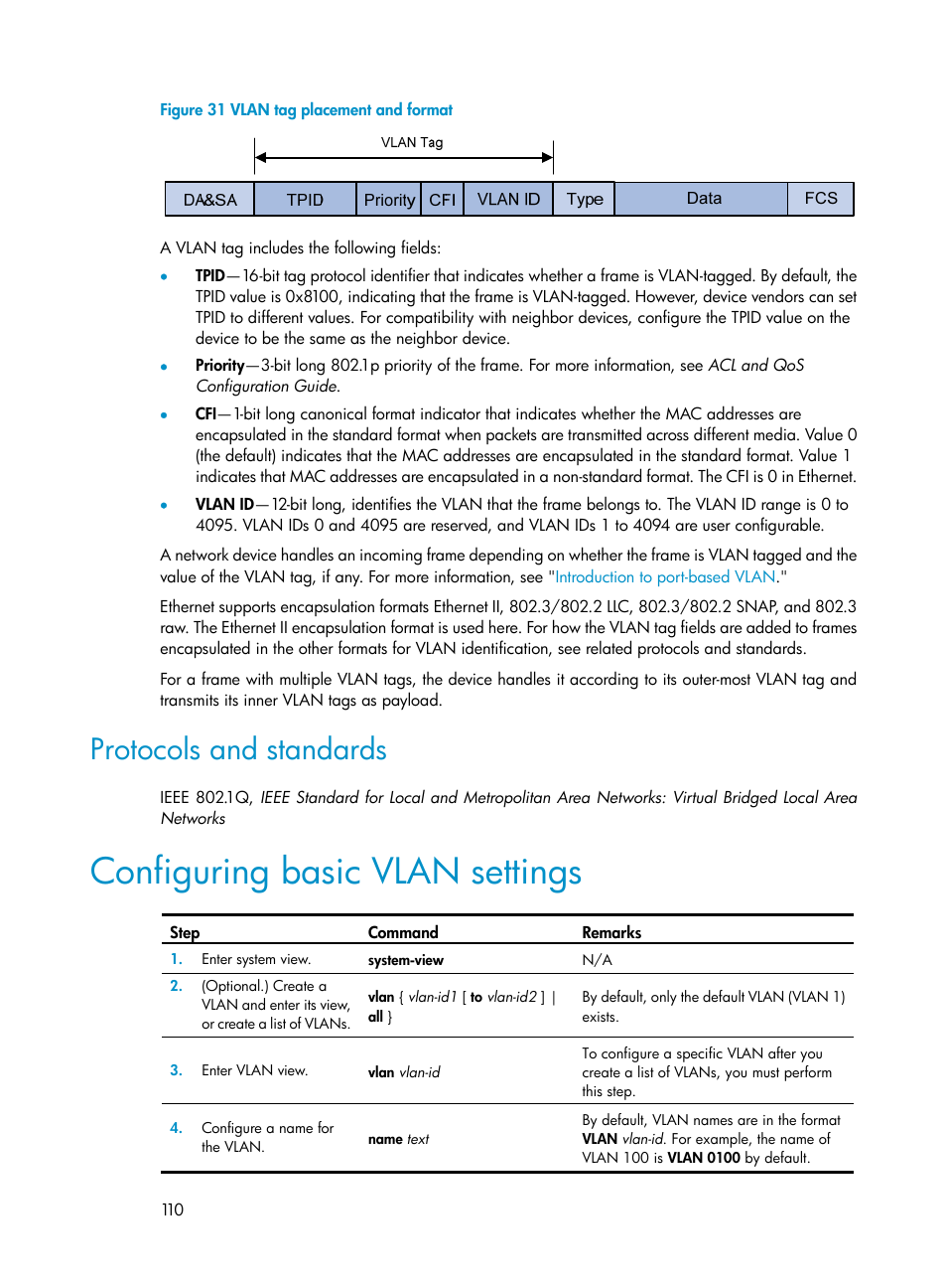 Protocols and standards, Configuring basic vlan settings, Configuring the maximum hops of an mst region | H3C Technologies H3C S12500-X Series Switches User Manual | Page 121 / 216