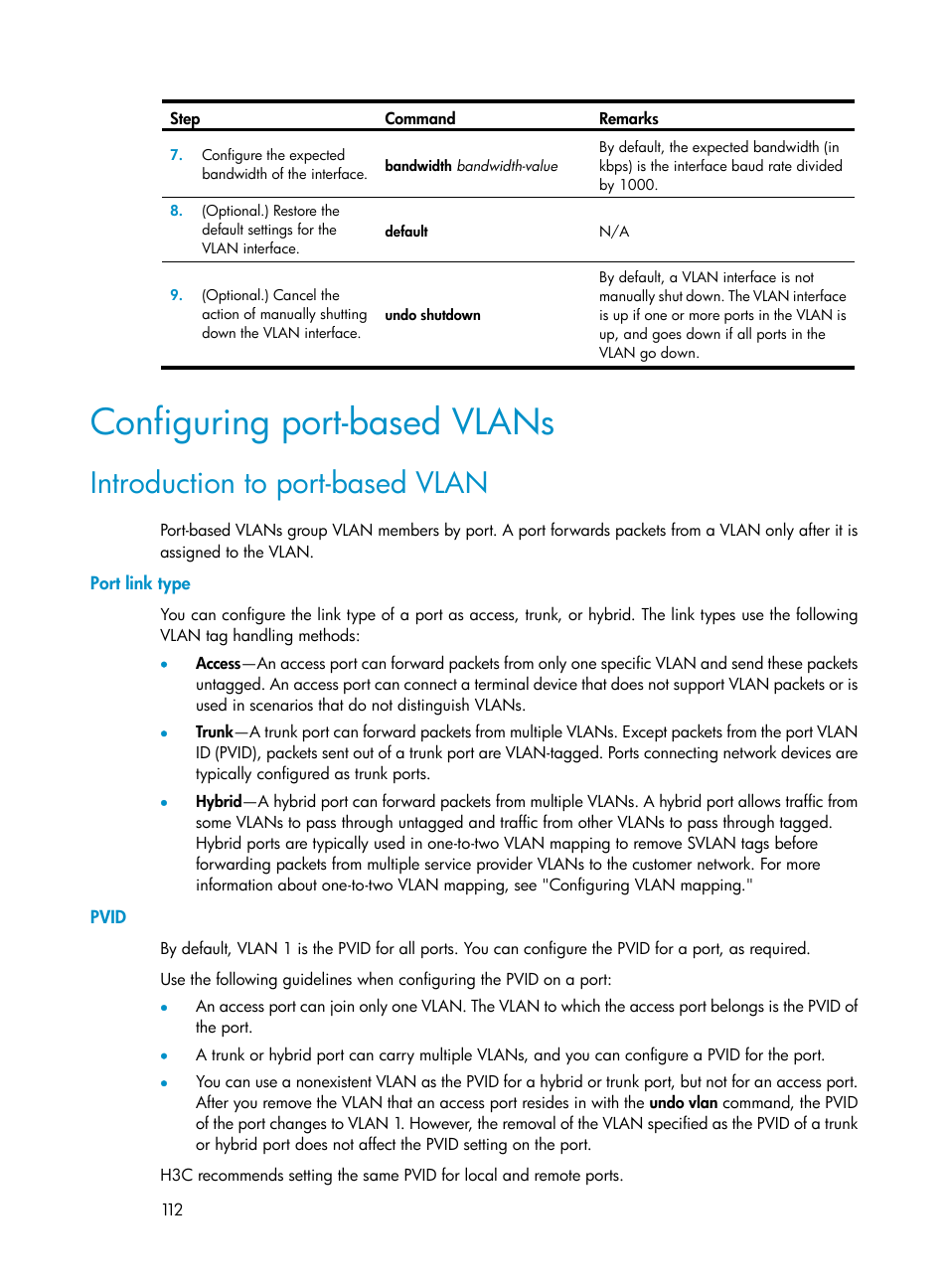 Configuring port-based vlans, Introduction to port-based vlan, Port link type | Pvid, Configuration restrictions and guidelines | H3C Technologies H3C S12500-X Series Switches User Manual | Page 123 / 216