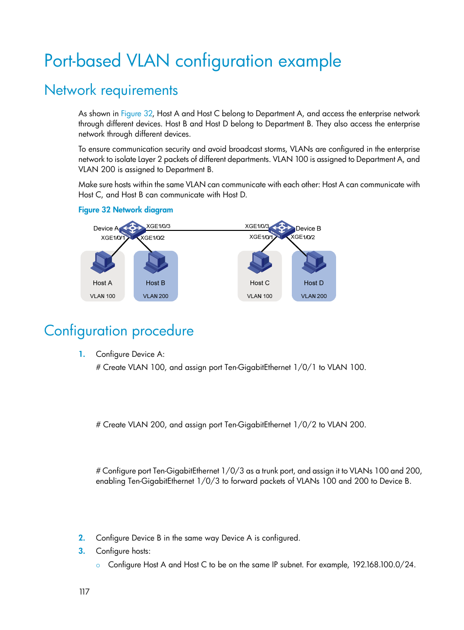 Port-based vlan configuration example, Network requirements, Configuration procedure | H3C Technologies H3C S12500-X Series Switches User Manual | Page 128 / 216