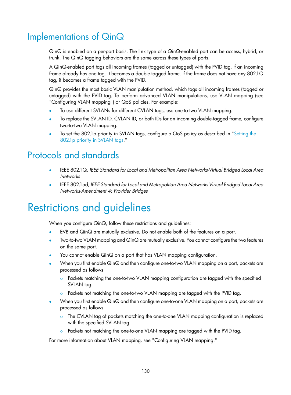 Implementations of qinq, Protocols and standards, Restrictions and guidelines | Configuring protection functions, Enabling bpdu guard | H3C Technologies H3C S12500-X Series Switches User Manual | Page 141 / 216