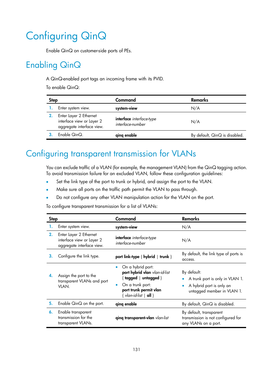 Configuring qinq, Enabling qinq, Configuring transparent transmission for vlans | Enabling root guard, Enabling loop guard | H3C Technologies H3C S12500-X Series Switches User Manual | Page 142 / 216