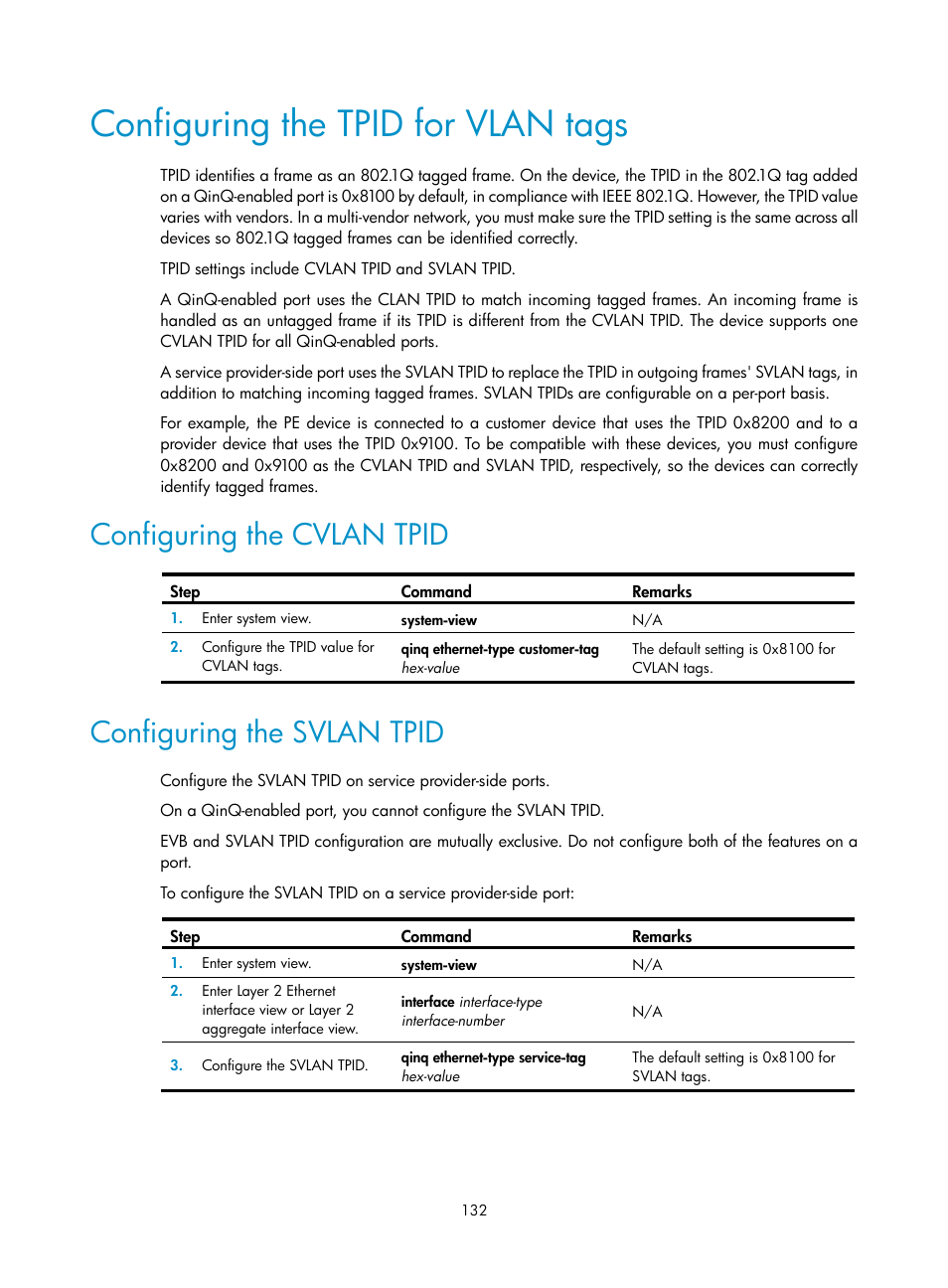 Configuring the tpid for vlan tags, Configuring the cvlan tpid, Configuring the svlan tpid | Configuring port role restriction | H3C Technologies H3C S12500-X Series Switches User Manual | Page 143 / 216