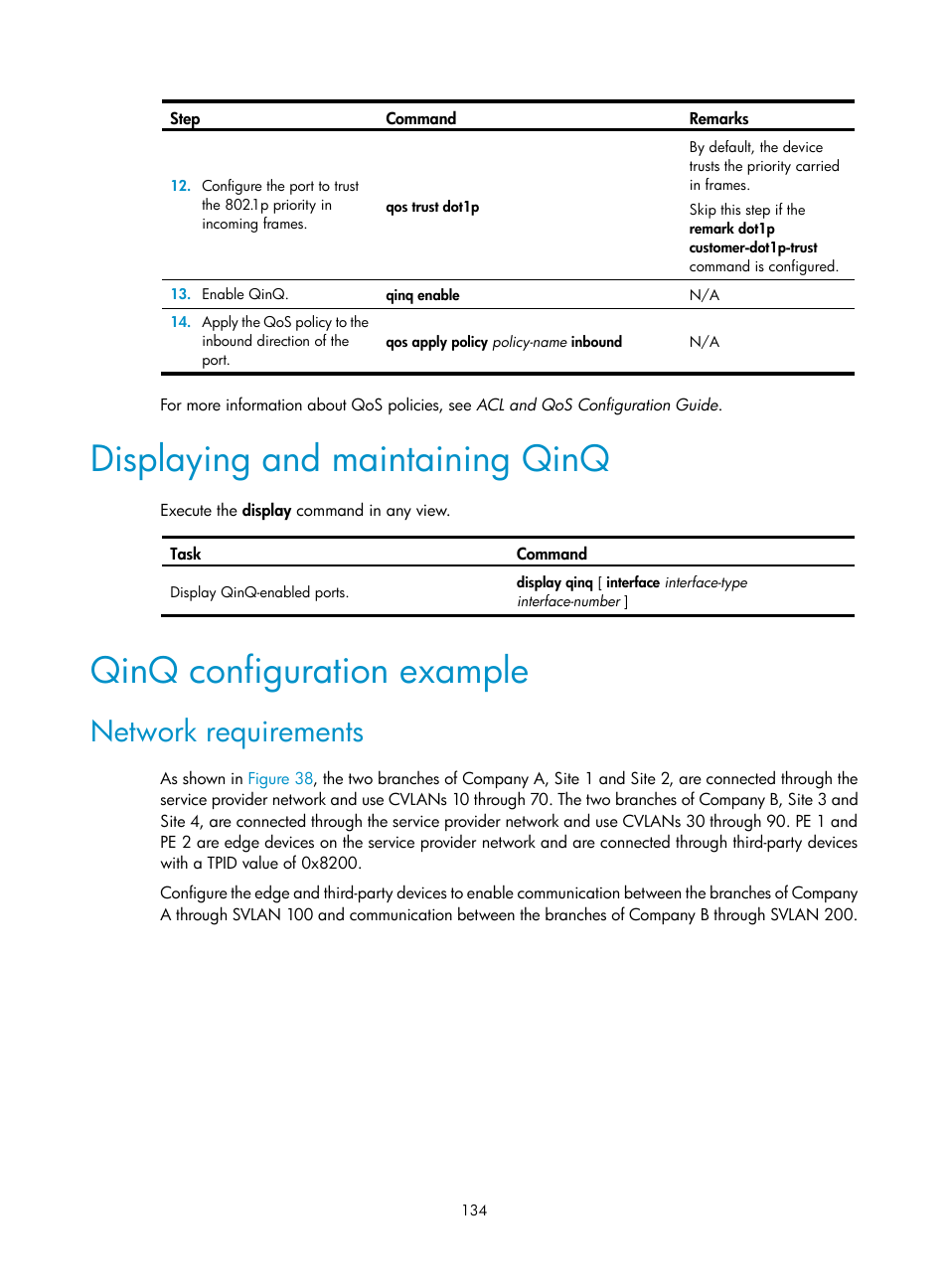 Displaying and maintaining qinq, Qinq configuration example, Network requirements | Enabling tc-bpdu guard, Displaying and maintaining the spanning tree | H3C Technologies H3C S12500-X Series Switches User Manual | Page 145 / 216