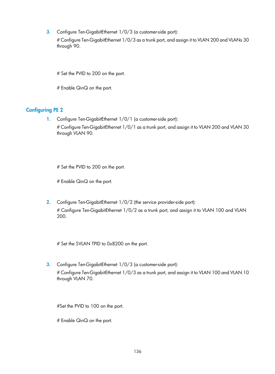 Configuring pe 2, Spanning tree configuration example, Network requirements | H3C Technologies H3C S12500-X Series Switches User Manual | Page 147 / 216