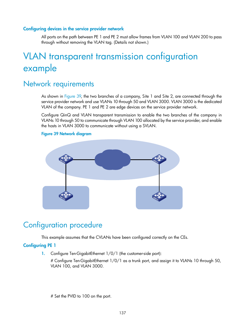 Network requirements, Configuration procedure, Configuring pe 1 | H3C Technologies H3C S12500-X Series Switches User Manual | Page 148 / 216