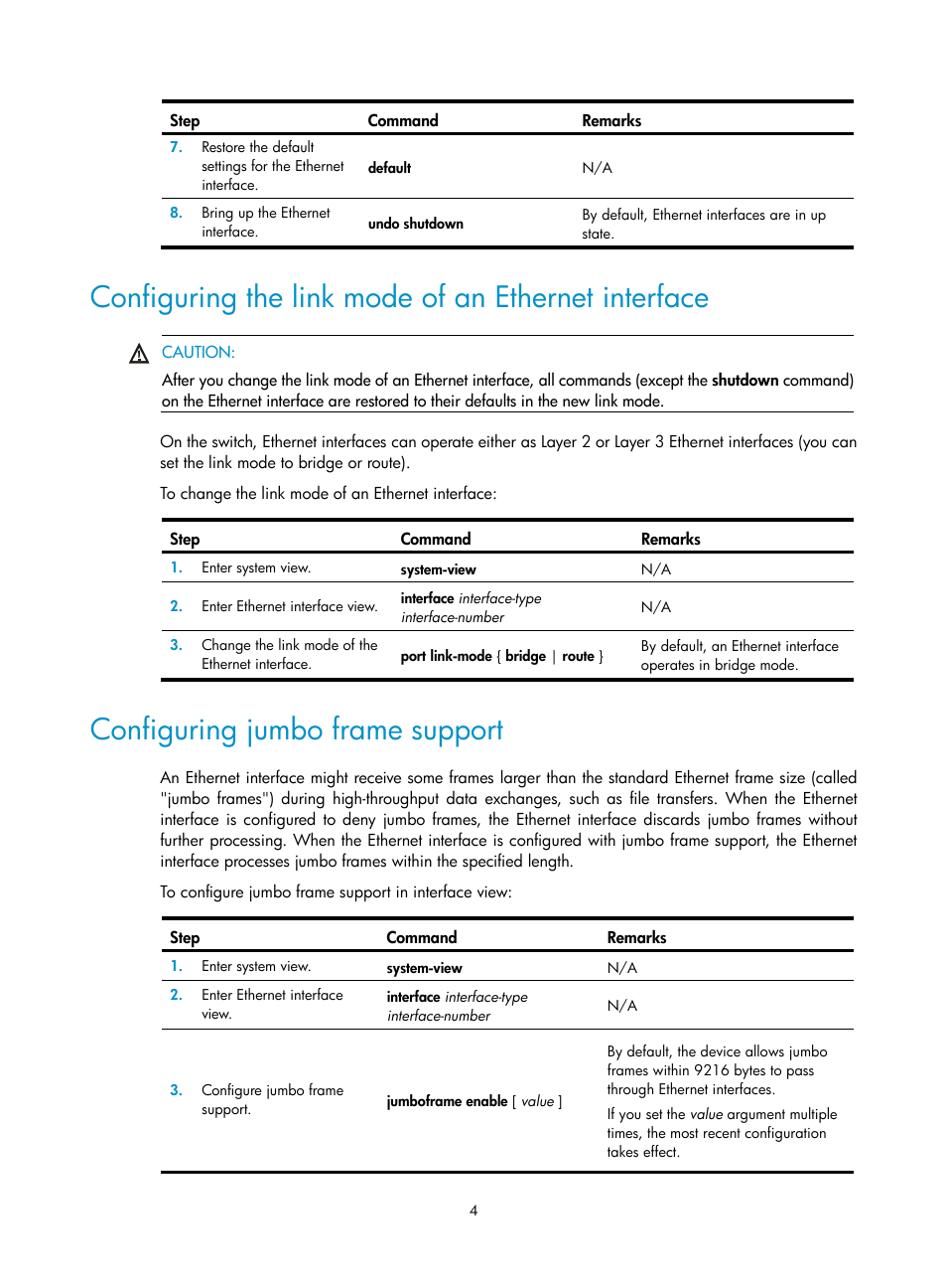 Configuring the link mode of an ethernet interface, Configuring jumbo frame support | H3C Technologies H3C S12500-X Series Switches User Manual | Page 15 / 216