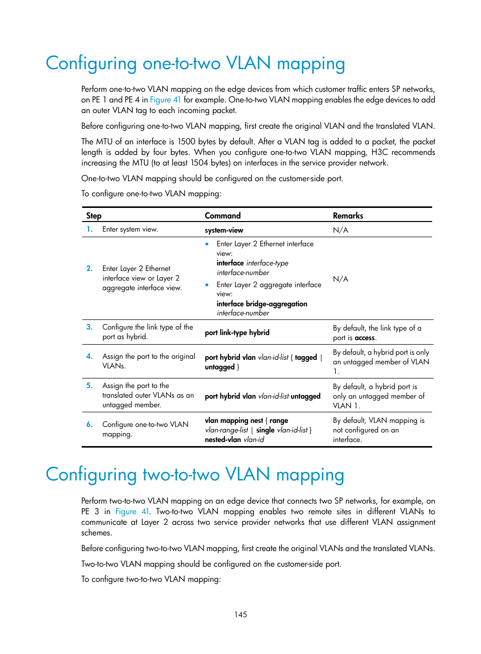 Configuring one-to-two vlan mapping, Configuring two-to-two vlan mapping, Enabling loop detection | Enabling loop detection globally, Enabling loop detection on a port, Configuring the loop protection action | H3C Technologies H3C S12500-X Series Switches User Manual | Page 156 / 216