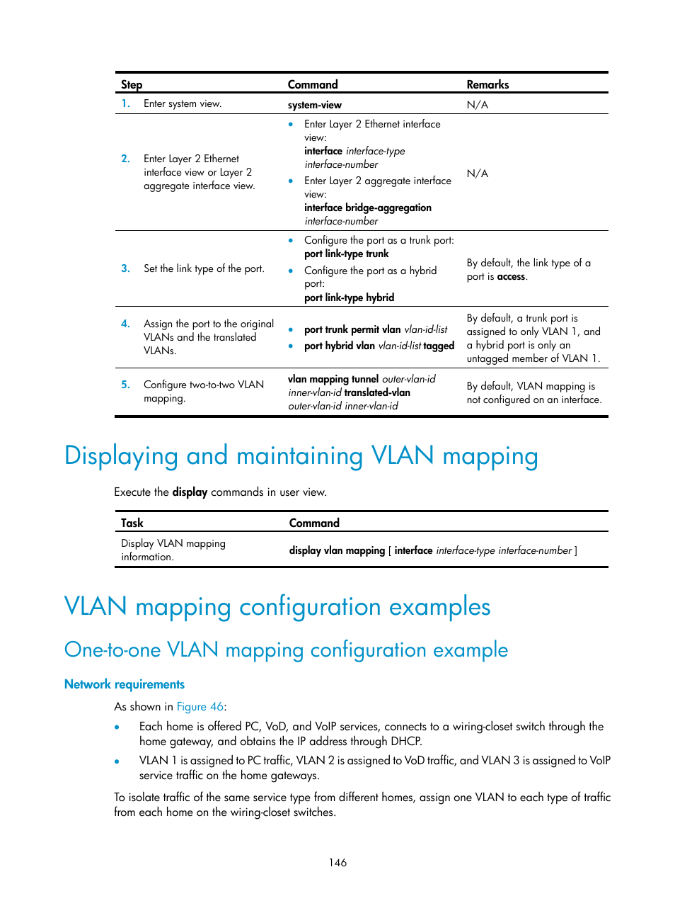 Displaying and maintaining vlan mapping, Vlan mapping configuration examples, One-to-one vlan mapping configuration example | Network requirements, Configuring the global loop protection action | H3C Technologies H3C S12500-X Series Switches User Manual | Page 157 / 216