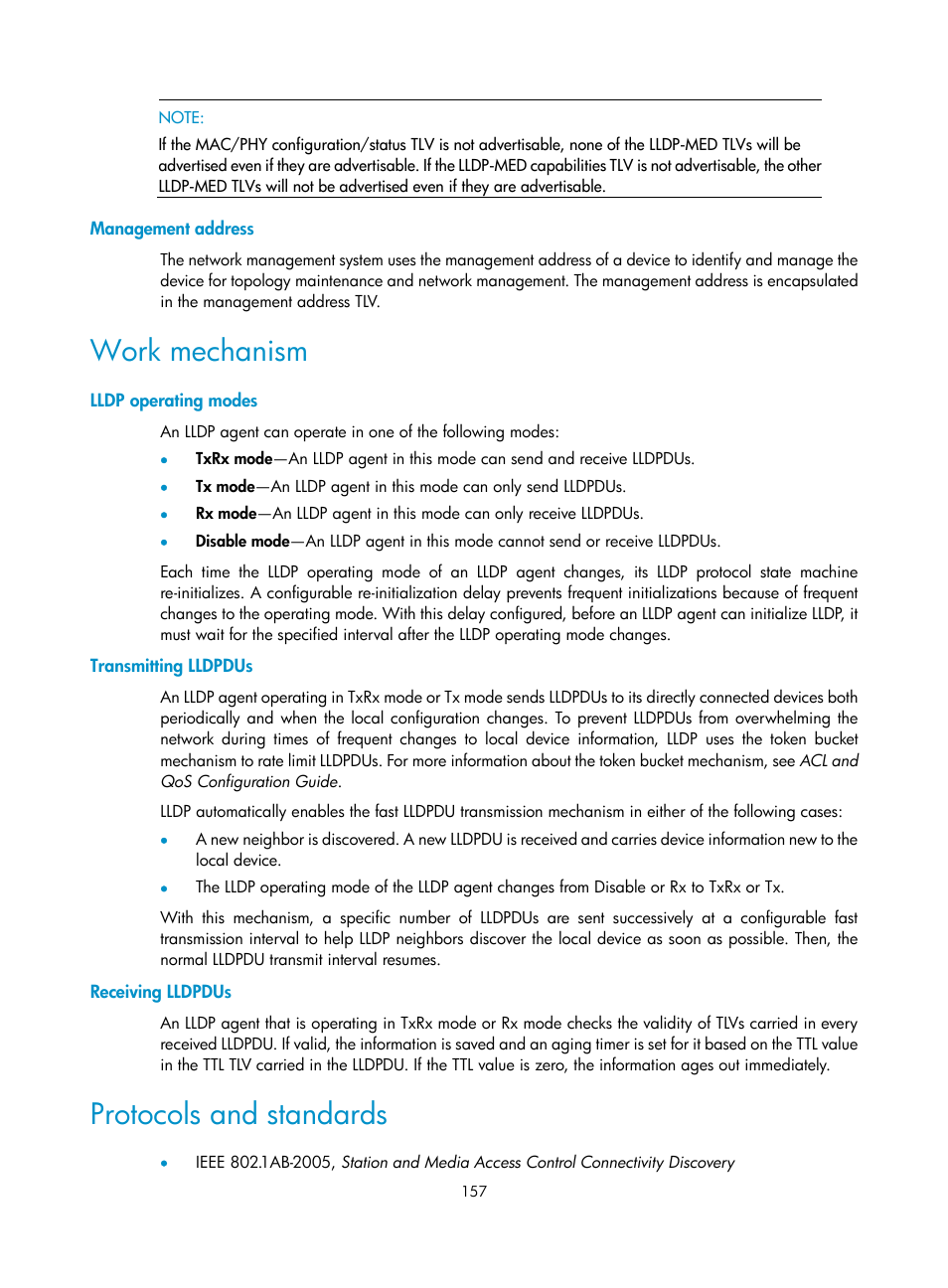 Management address, Work mechanism, Lldp operating modes | Transmitting lldpdus, Receiving lldpdus, Protocols and standards, Introduction to port-based vlan | H3C Technologies H3C S12500-X Series Switches User Manual | Page 168 / 216